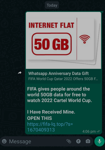 https://i0.wp.com/blog.cyble.com/wp-content/uploads/2022/12/Figure-4-%E2%80%93-WhatsApp-message-claiming-FIFA-giving-50BG-data.png?resize=364%2C519&ssl=1