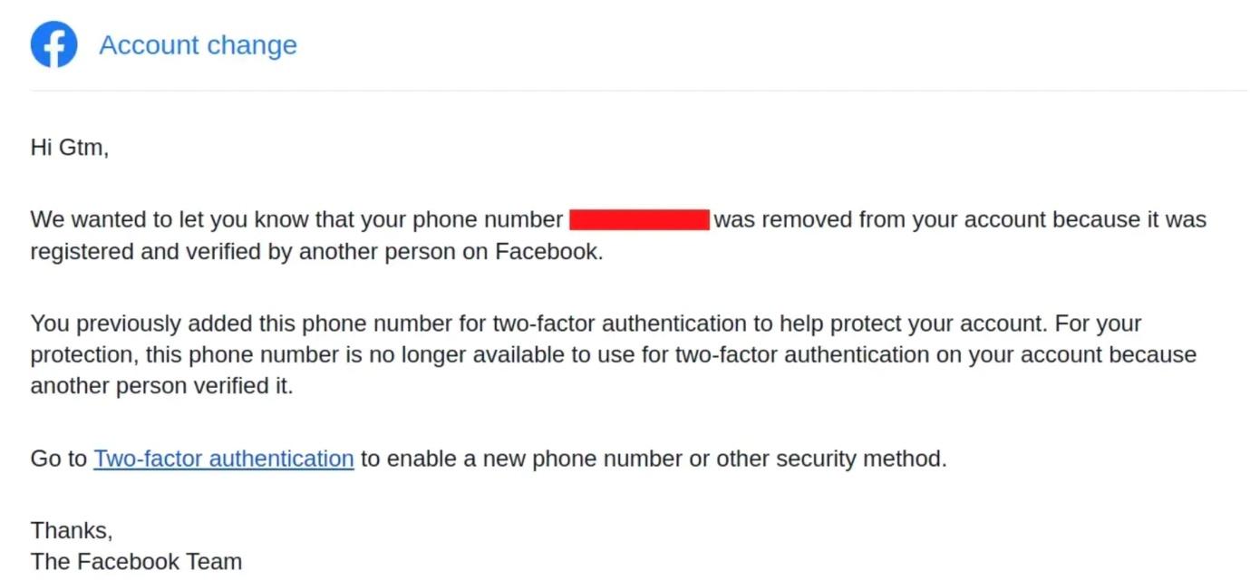 A screenshot of an email sent by Meta to a user that says: 