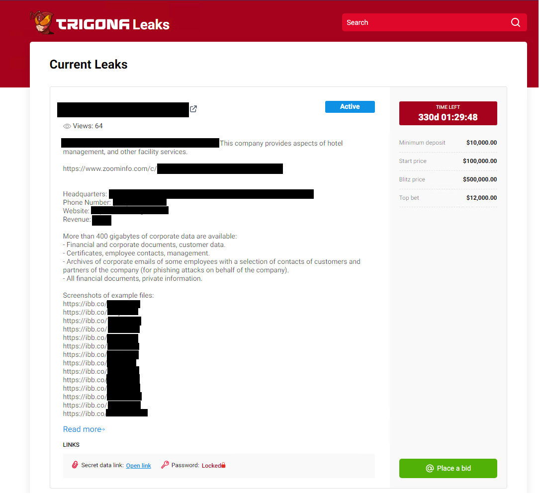 Image 3 is a screenshot of the Trigona leak site. It details current leaks, views, if the leak is active, and a counter showing how much time is left. Details including screenshots are available, as well as the ransom amounts. There is a green button to place a bid. 