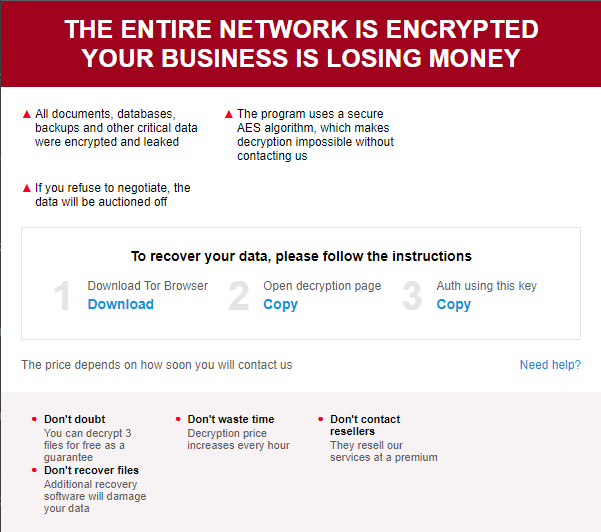 Image 1 is a screenshot of a sample Trigona ransom note that tells a business its network is encrypted, the three steps of instructions for data recovery, and tips to make the price cheaper. There is also a “Need help?” link.
